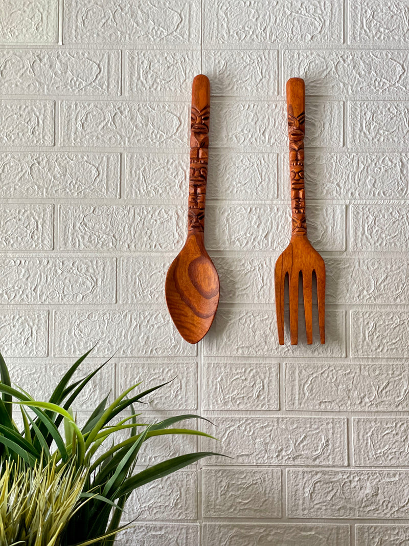 16 Inch - Image 4 - Carved Wood Tiki Design Spoon & Fork Wall Decor Art  - Wooden Utensil Decoration Set -16 Inches High -