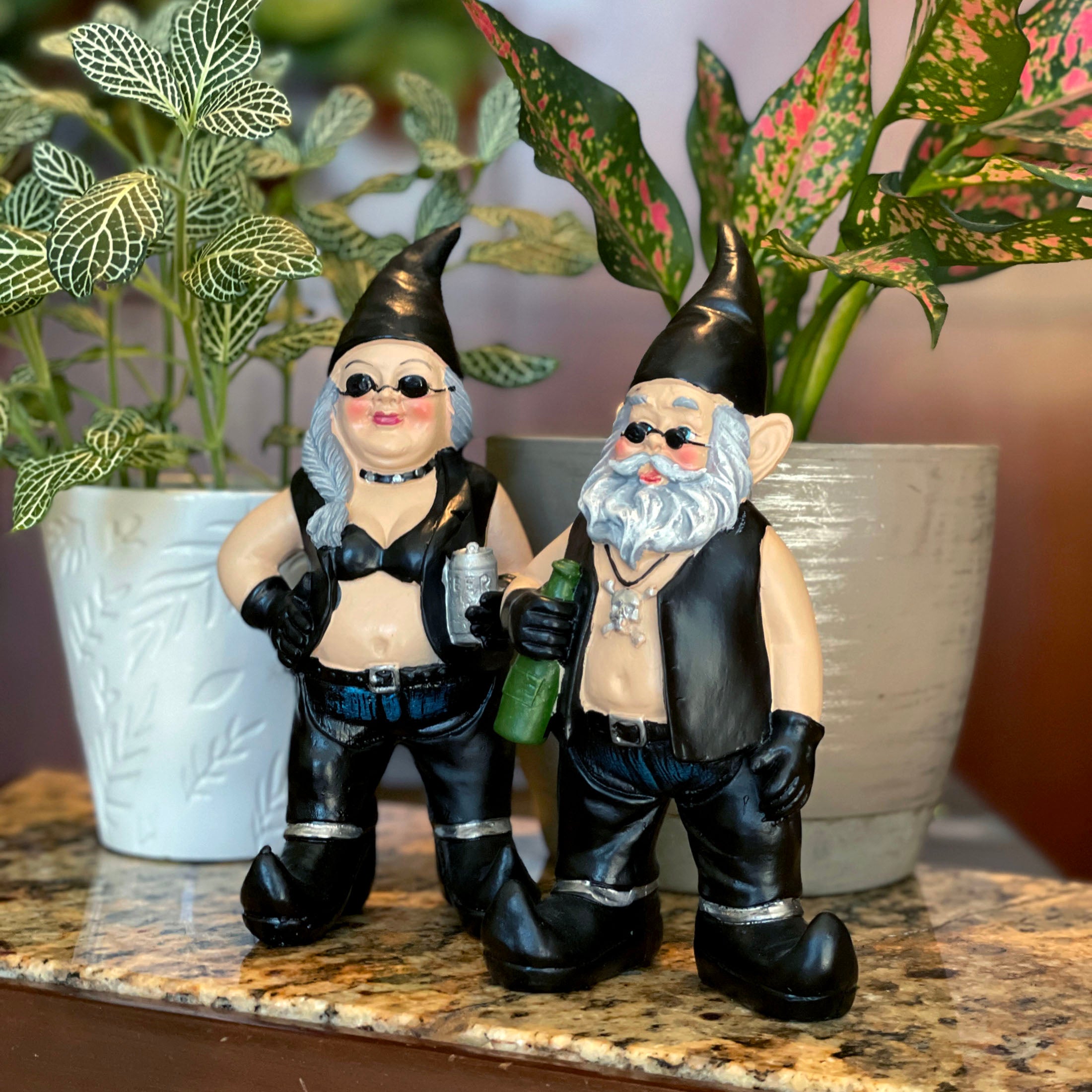 Thirsty Biker Garden Gnomes with Beers, 7.5 Inch, Set of 2 — Zeckos