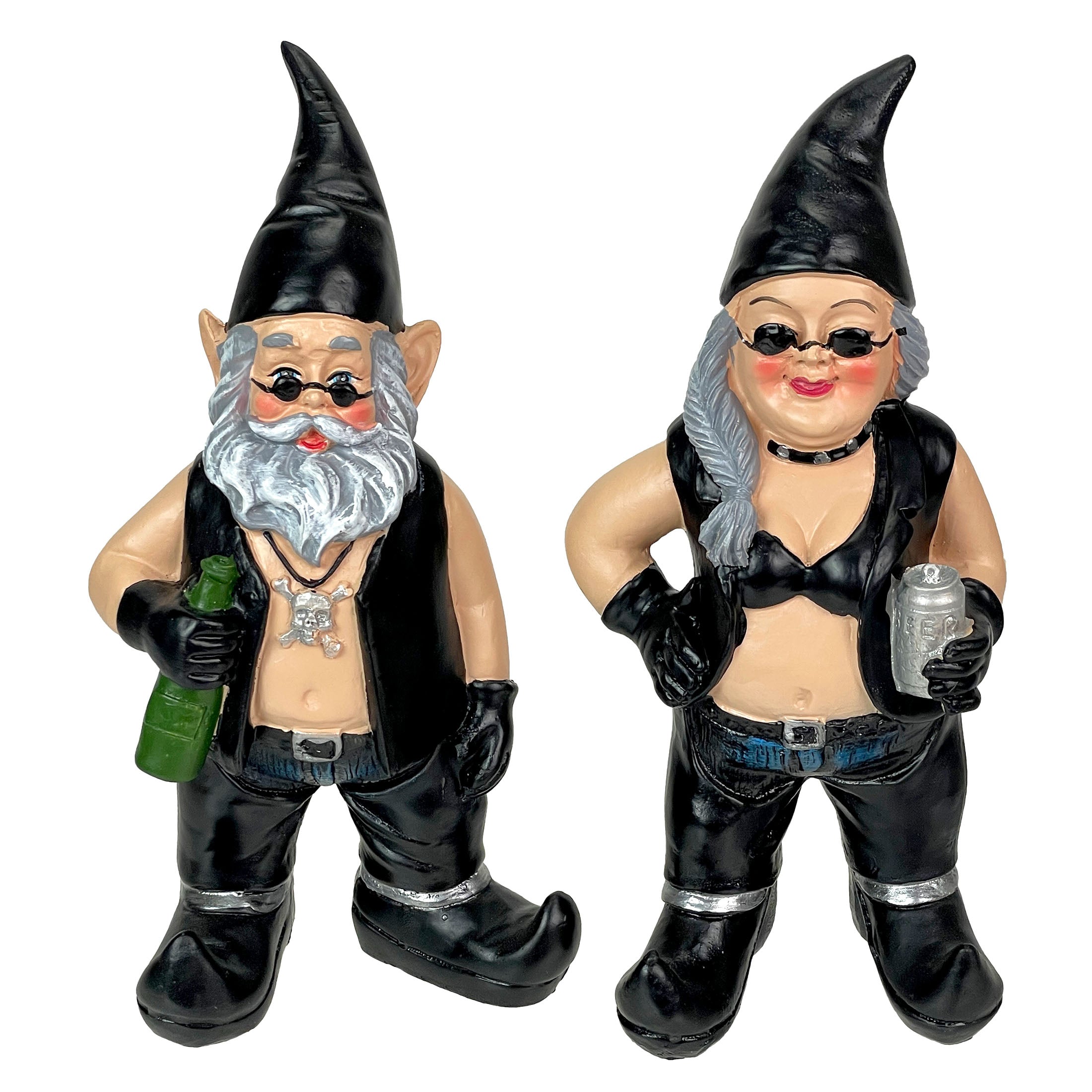 Thirsty Biker Garden Gnomes with Beers, 7.5 Inch, Set of 2 — Zeckos