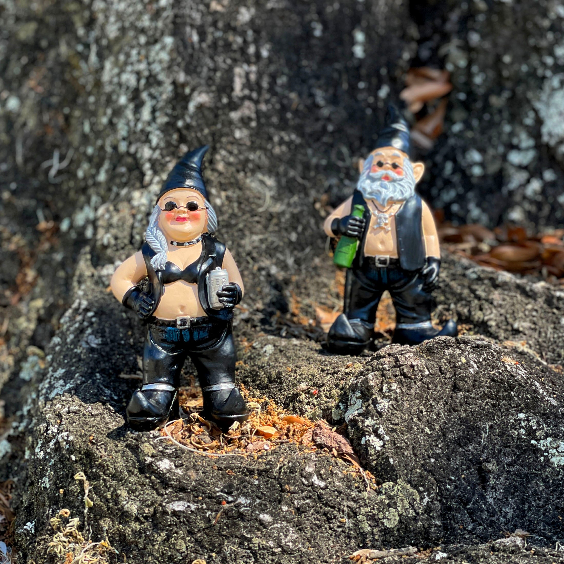 Thirsty Biker Garden Gnomes with Beers, 7.5 Inch, Set of 2 — Zeckos