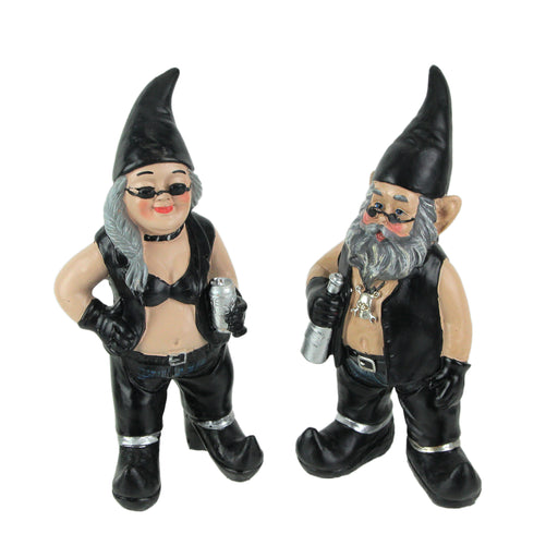 Gnoschitt and Gnofun Thirsty Biker Garden Gnome Statues 7.5 Inches High - Funny Indoor Outdoor Décor - Leather-Clad Yard,