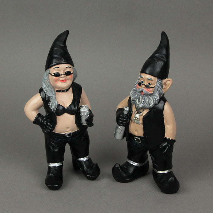 Gnoschitt and Gnofun Thirsty Biker Garden Gnome Statues 7.5 Inches High - Funny Indoor Outdoor Décor - Leather-Clad Yard,