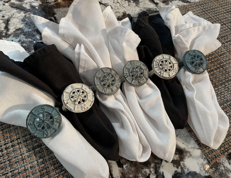 Nautical - Image 4 - Set of 6 Coastal Blue, Grey, and White Cast Iron Compass Rose Napkin Rings for Decorative Formal Dining