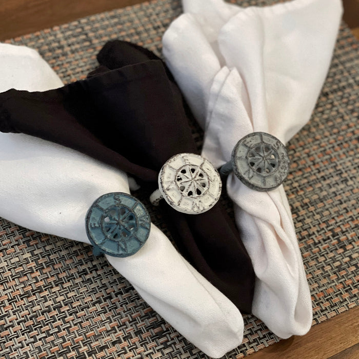 Nautical - Image 6 - Set of 6 Coastal Blue, Grey, and White Cast Iron Compass Rose Napkin Rings for Decorative Formal Dining