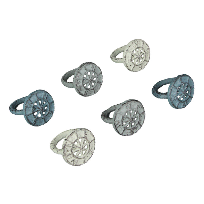 Nautical - Image 1 - Set of 6 Coastal Blue, Grey, and White Cast Iron Compass Rose Napkin Rings for Decorative Formal Dining