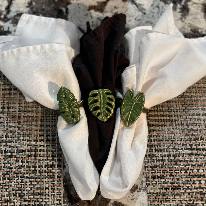 Green - Image 4 - Set of 6 Exquisite Verdigris Green and Bronze Finish Cast Iron Tropical Leaf Napkin Rings for Elegant