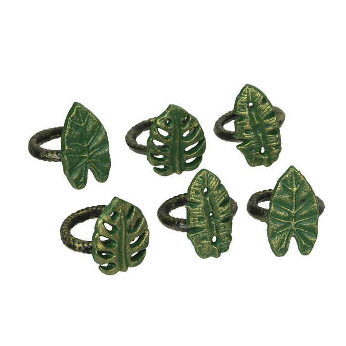 Green - Image 1 - Set of 6 Exquisite Verdigris Green and Bronze Finish Cast Iron Tropical Leaf Napkin Rings for Elegant