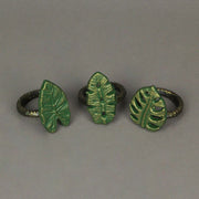 Green - Image 2 - Set of 6 Exquisite Verdigris Green and Bronze Finish Cast Iron Tropical Leaf Napkin Rings for Elegant