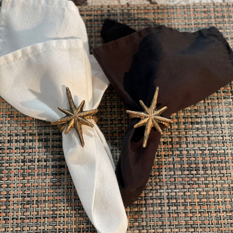 Set of 6 Antique Gold Cast Iron Mid Century Modern Atomic Starburst Napkin Rings - Chic and Elegant Formal Dining Table Decor