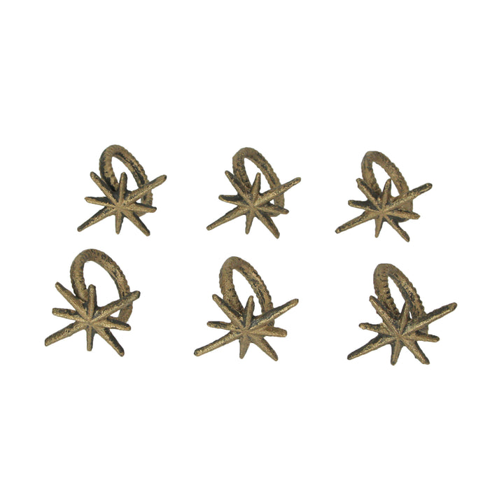 Set of 6 Antique Gold Cast Iron Mid Century Modern Atomic Starburst Napkin Rings - Chic and Elegant Formal Dining Table Decor