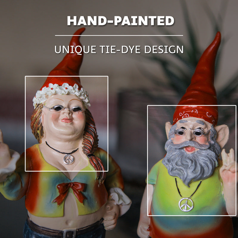 Gnancy and Gnarley Hippie Gnome Garden Statues - Peace, Love, and Tie-Dye Decor - 8.25 Inches High, Resin, Multicolored,