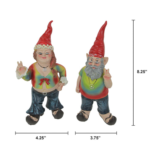 Gnancy and Gnarley Hippie Gnome Garden Statues - Peace, Love, and Tie-Dye Decor - 8.25 Inches High, Resin, Multicolored,