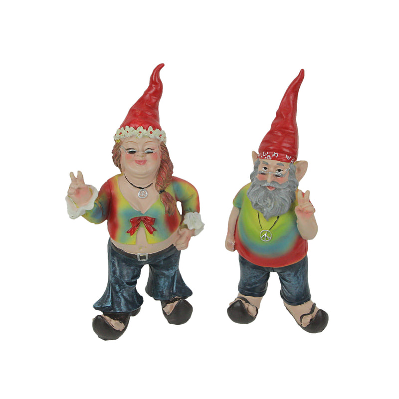 Gnancy and Gnarley Hippie Gnome Garden Statues - Peace, Love, and Tie-Dye Decor - 8.25 Inches High, Resin, Multicolored,