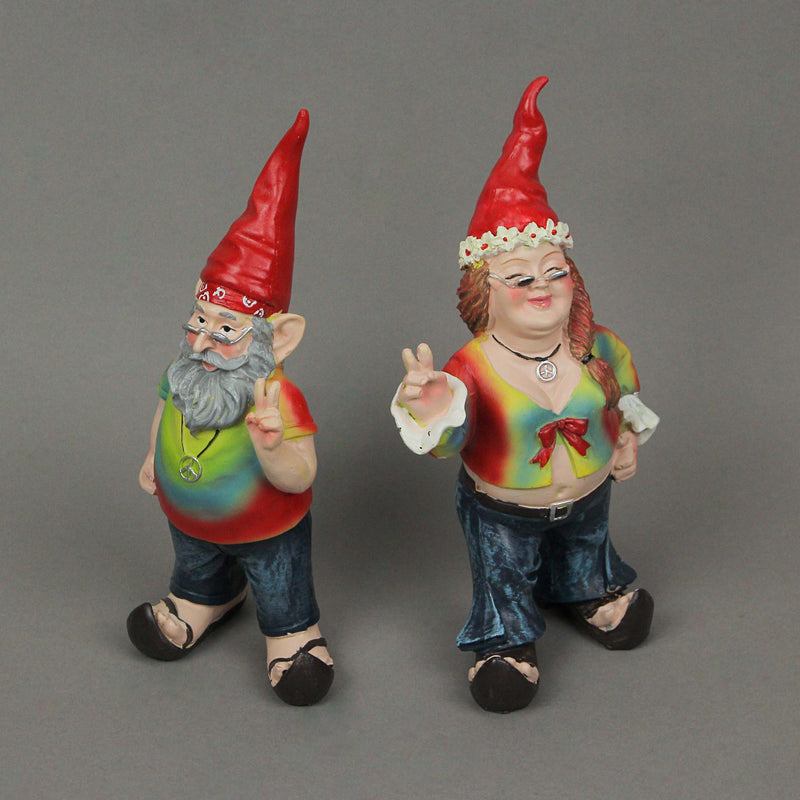 Gnancy and Gnarley Hippie Gnome Garden Statues - Peace, Love, and Tie-Dye Decor - 8.25 Inches High, Resin, Multicolored,