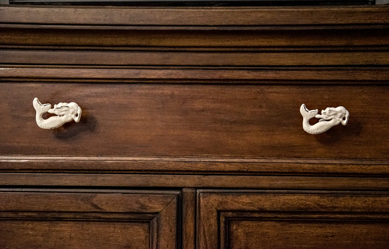 Enchanting Set of 6 White Finish Cast Iron Mermaid Drawer Pulls - Nautical Coastal Decor for Cabinets and Dressers - 2.75