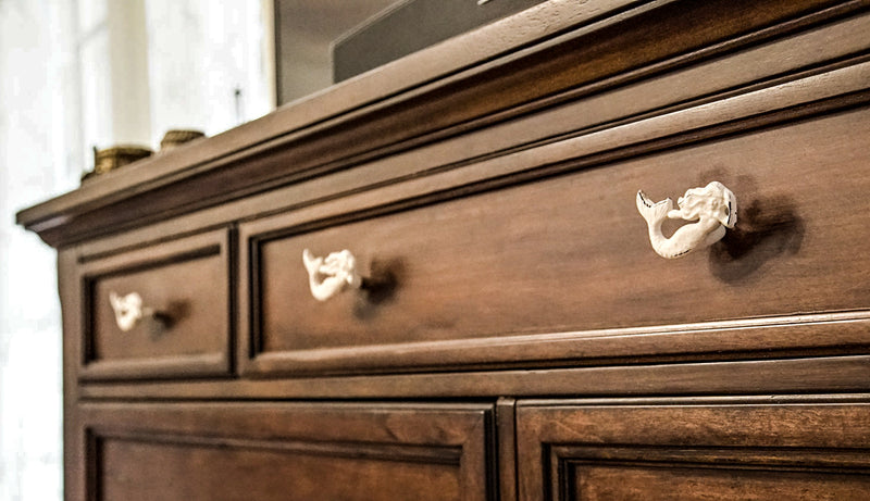 Enchanting Set of 6 White Finish Cast Iron Mermaid Drawer Pulls - Nautical Coastal Decor for Cabinets and Dressers - 2.75