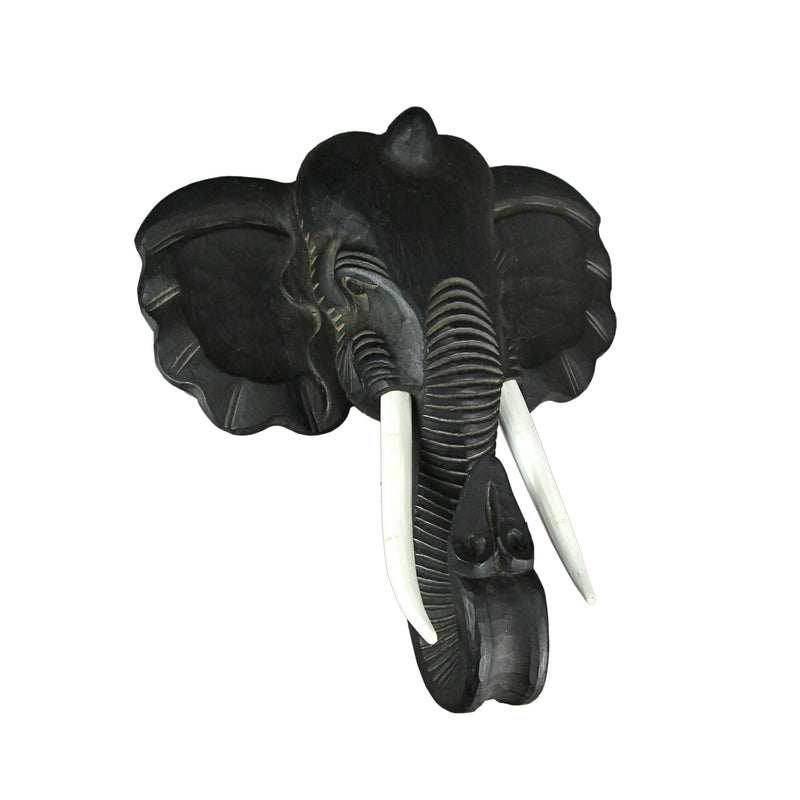 Majestic African Elephant Head Wall Sculpture: Hand-Carved Black Wood Artistic Statue - Artisan Crafted Safari Style Decor
