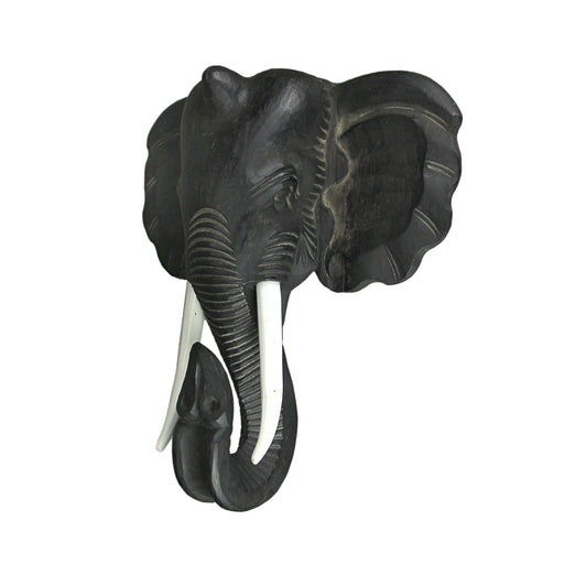 Majestic African Elephant Head Wall Sculpture: Hand-Carved Black Wood Artistic Statue - Artisan Crafted Safari Style Decor