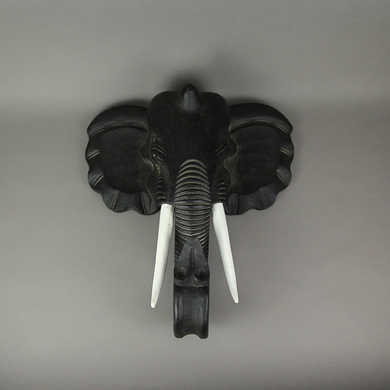 Majestic African Elephant Head Wall Sculpture: Hand-Carved Black Wood Artistic Statue - Artisan Crafted Safari Style Decor
