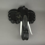Majestic African Elephant Head Wall Sculpture: Hand-Carved Black Wood Artistic Statue - Artisan Crafted Safari Style Decor