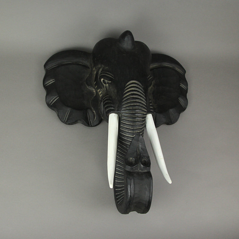 Majestic African Elephant Head Wall Sculpture: Hand-Carved Black Wood Artistic Statue - Artisan Crafted Safari Style Decor