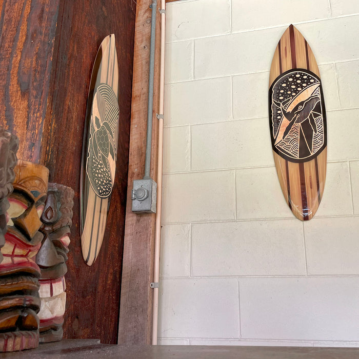32 Inch - Image 5 - Set of 2 Hand-Carved Wooden Surfboard Sculptures- Tribal Whale and Turtle Designs - Tiki Decor Art - Wall