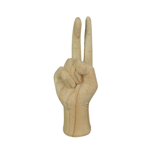 Hand-Carved Peace Sign Hand Gesture Statue - Natural Finish Boho Tabletop Decor Accent, Standing 7.75 Inches High - Great For