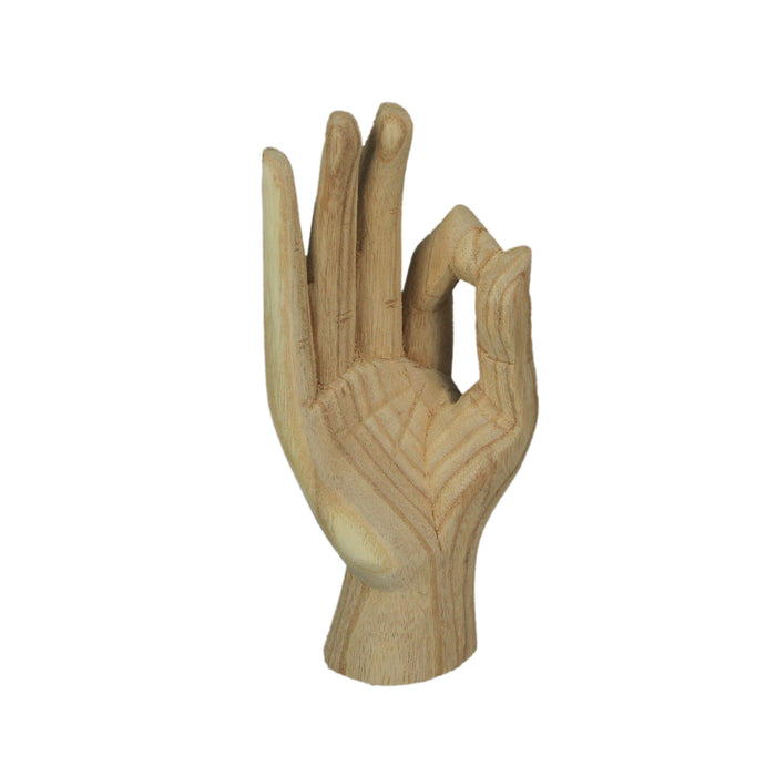Carved Wooden A-OK Hand Gesture Statue Natural Finish 8 Inches High Boho Decor Image 1