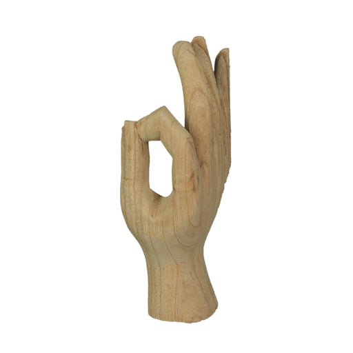 Carved Wooden A-OK Hand Gesture Statue Natural Finish 8 Inches High Boho Decor Image 2
