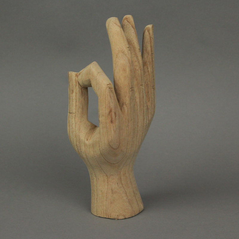Hand-Carved Natural Finish Wooden A-OK Hand Gesture Decorative Statue - Symbol of Positivity - Boho Decor Accent - 8 Inches