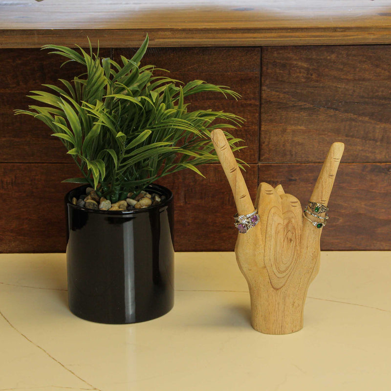 Carved Wooden "Rock On" Devil Horns Hand Gesture Statue - Natural Brown Finish Home Decor Accent, 8 Inches High - Great for