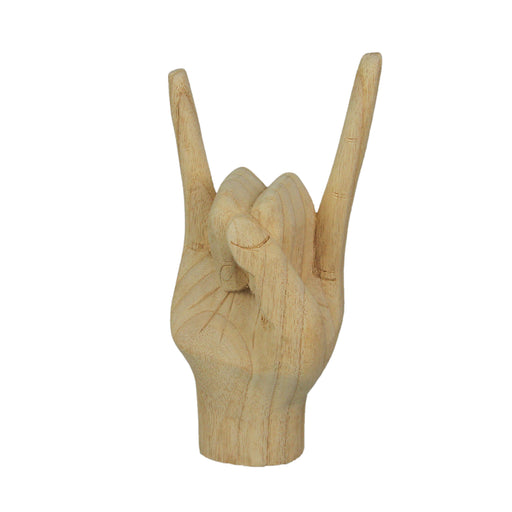 Carved Wooden Rock On Devil Horns Hand Gesture Statue Natural Finish Home Decor Image 1