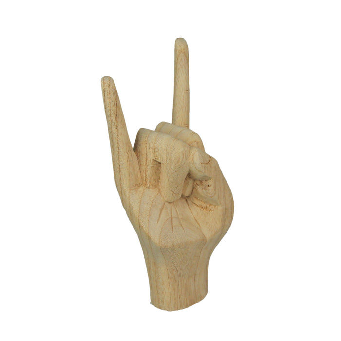 Carved Wooden Rock On Devil Horns Hand Gesture Statue Natural Finish Home Decor Image 2