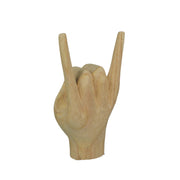Carved Wooden "Rock On" Devil Horns Hand Gesture Statue - Natural Brown Finish Home Decor Accent, 8 Inches High - Great for