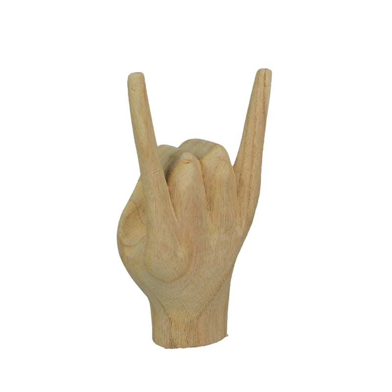 Carved Wooden "Rock On" Devil Horns Hand Gesture Statue - Natural Brown Finish Home Decor Accent, 8 Inches High - Great for