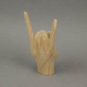 Carved Wooden "Rock On" Devil Horns Hand Gesture Statue - Natural Brown Finish Home Decor Accent, 8 Inches High - Great for