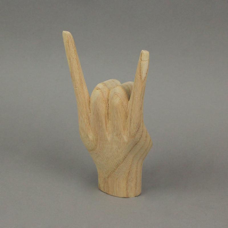 Carved Wooden "Rock On" Devil Horns Hand Gesture Statue - Natural Brown Finish Home Decor Accent, 8 Inches High - Great for