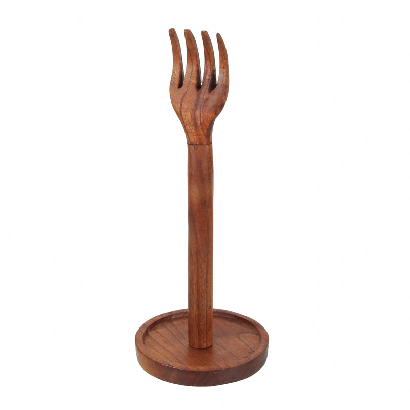 Hand Carved Brown Wood Kitchen Fork Top Countertop Paper Towel Holder Rustic Stand Kitchen Décor 15.75 Inches High Primitive