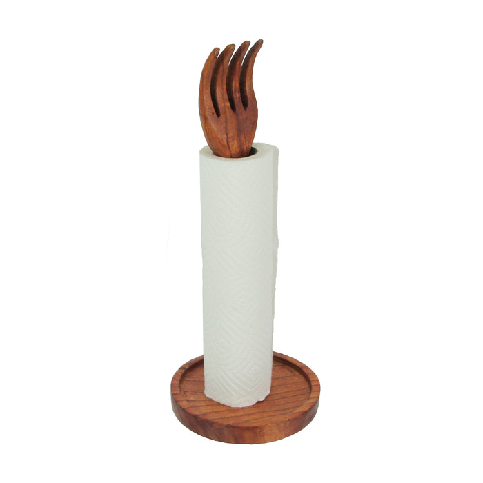 Hand Carved Brown Wood Kitchen Fork Top Countertop Paper Towel Holder Rustic Stand Kitchen Décor 15.75 Inches High Primitive