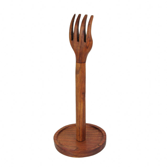 Hand Carved Brown Wood Kitchen Fork Top Countertop Paper Towel Holder Rustic Stand Kitchen Décor 15.75 Inches High Primitive