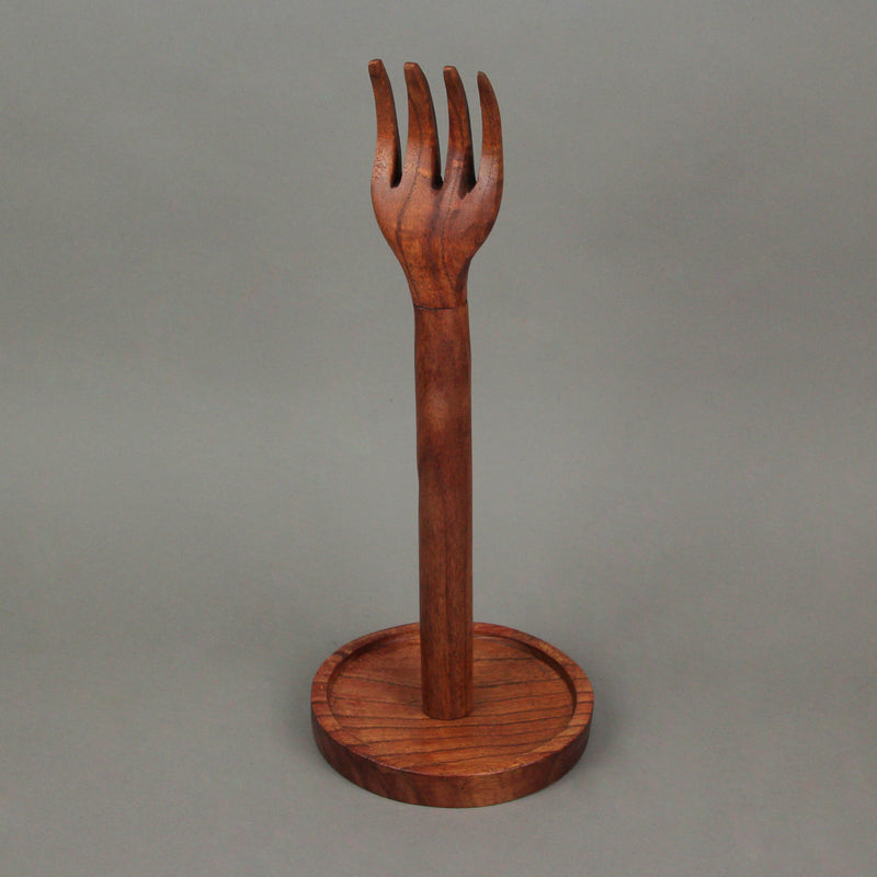 Hand Carved Brown Wood Kitchen Fork Top Countertop Paper Towel Holder Rustic Stand Kitchen Décor 15.75 Inches High Primitive