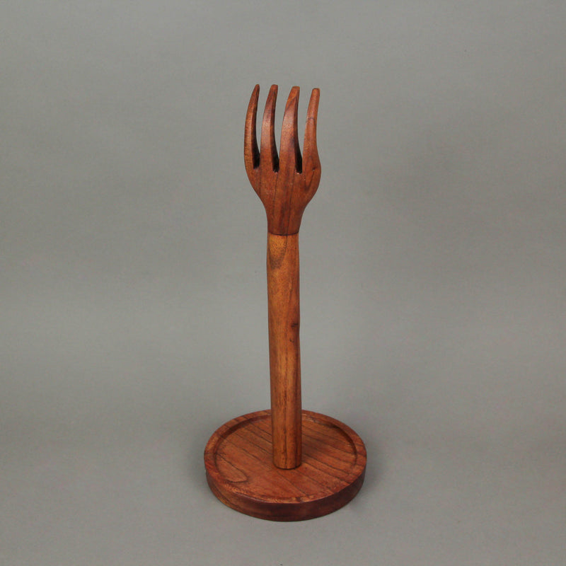 Hand Carved Brown Wood Kitchen Fork Top Countertop Paper Towel Holder Rustic Stand Kitchen Décor 15.75 Inches High Primitive