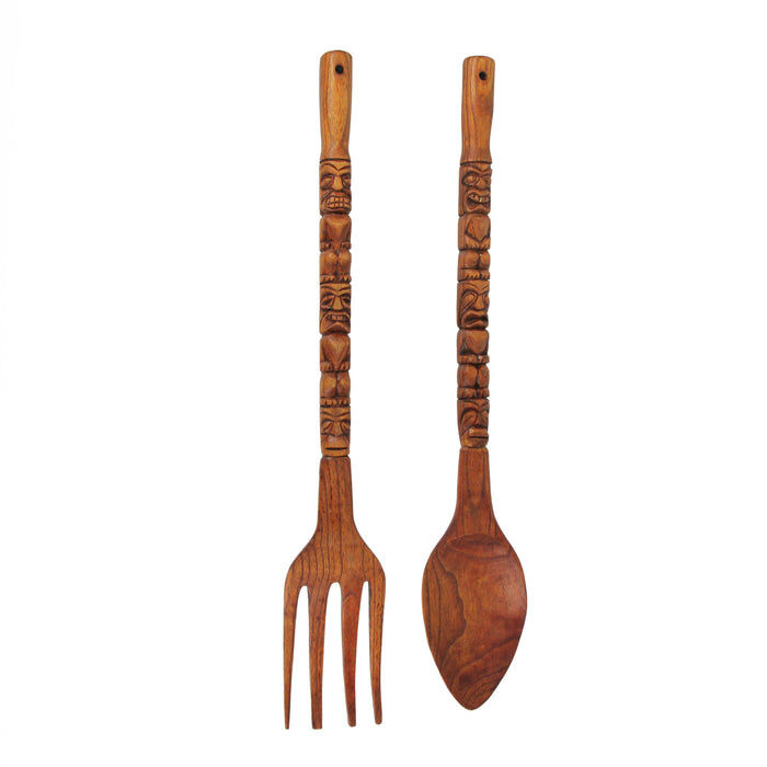 30 Inch - Image 1 - 30 Inch Carved Tiki Spoon & Fork Wooden Wall Decor Art Brown Utensil Decoration Set