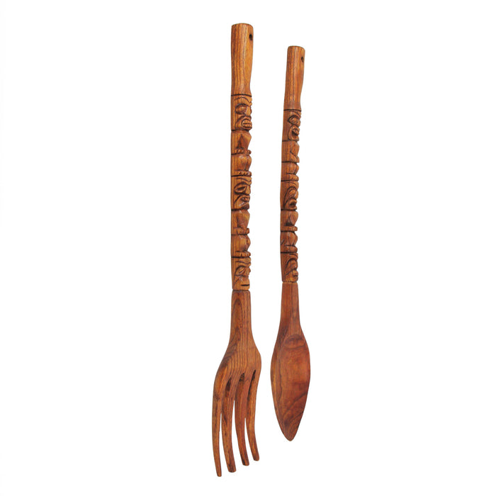 30 Inch - Image 2 - 30 Inch Carved Tiki Spoon & Fork Wooden Wall Decor Art Brown Utensil Decoration Set