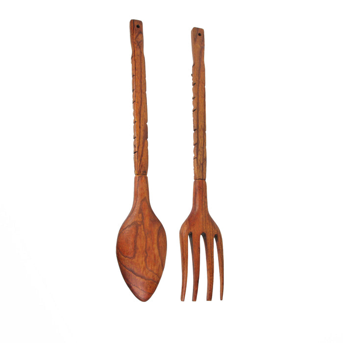 30 Inch - Image 3 - 30 Inch Carved Tiki Spoon & Fork Wooden Wall Decor Art Brown Utensil Decoration Set