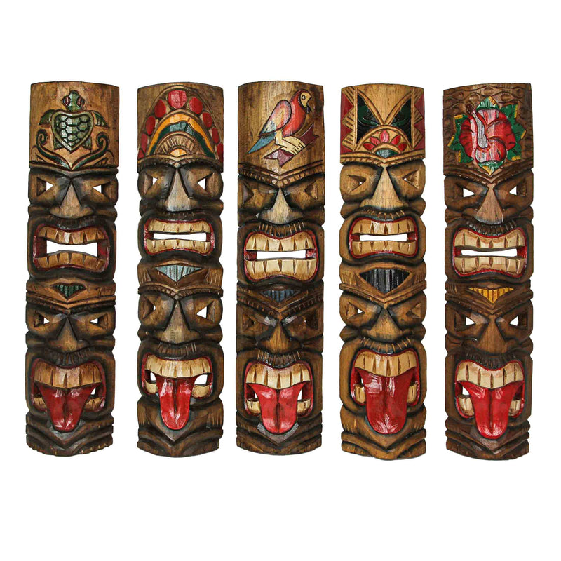 Set of 5 Tiki Mask Wall Sculptures, Bird Flower Headdress, 24 Inch Image 1