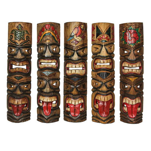 Set of 5 Tiki Mask Wall Sculptures, Bird Flower Headdress, 24 Inch Image 1