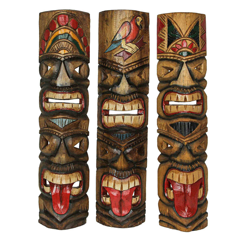 Set of 5 Tiki Mask Wall Sculptures, Bird Flower Headdress, 24 Inch Image 2