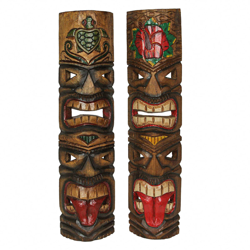 Set of 5 Tiki Mask Wall Sculptures, Bird Flower Headdress, 24 Inch Image 3
