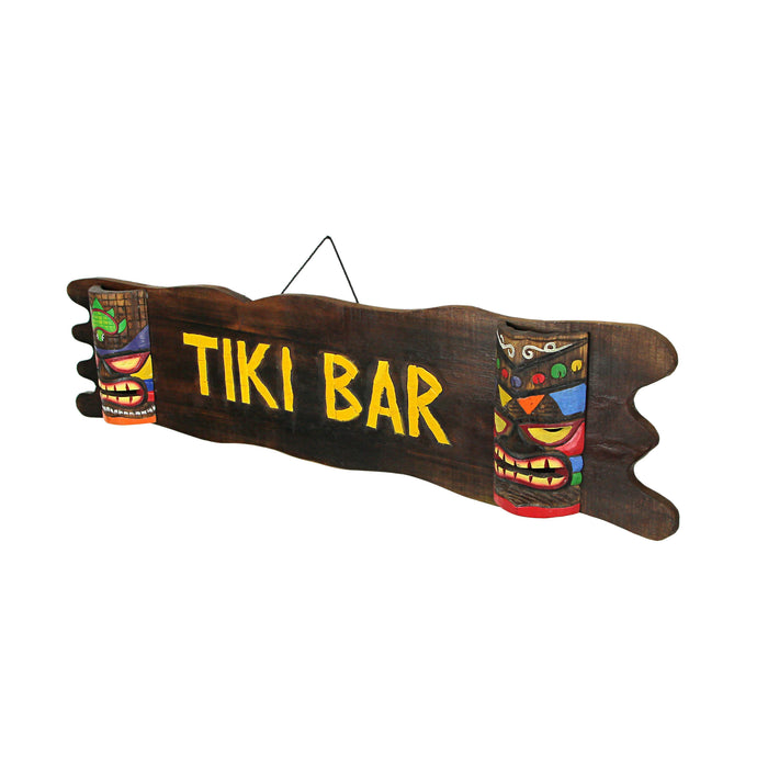 Exquisite Hand-Crafted Brown Wood Tiki Bar Hanging Wall Sign with Hand-Painted Decorative Mask Design - Easy to Hang - 39